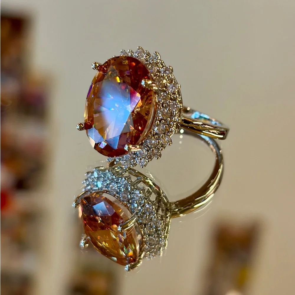 New Oval Orange Halo Ring - Simulated Citrin Cocktail eternal Ring in 7